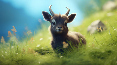 the soay, a primitive and endangered sheep breed, is beautifully rendered in a smooth rubber material, evoking the whimsical style of studio ghibli, set against a bright baby cyan background that pops with a tilt shift photography effect and subtle ambient occlusion, transporting viewers to a fantastical world. ai generatedの素材