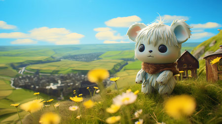 the yorkshire terrier, with its adorable features and endearing expression, is beautifully rendered in a smooth rubber material, evoking the whimsical style of studio ghibli, set against a bright baby cyan background that pops with a tilt shift photography effect and subtle ambient occlusion. ai generatedの素材