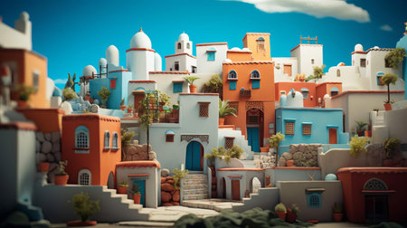 the casbah, reminiscent of a studio ghibli fantasy, stands majestically with its smooth rubber-like texture, as if plucked from a whimsical dream, set against a bright baby cyan background that evokes a sense of serenity, with a tilt-shift photography effect and ambient occlusion adding depth to this mesmerizing scene. ai generatedの素材