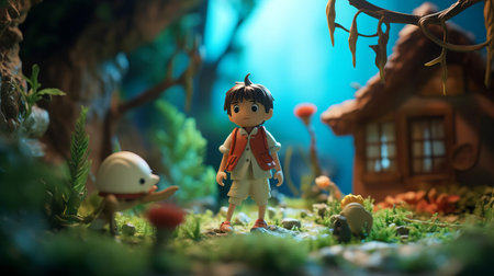 the douc, a vibrant primate, sits serenely amidst a bright baby cyan background, its smooth rubber-like skin glistening in the soft light, evoking the whimsical style of studio ghibli, while the tilt-shift photography effect and ambient occlusion add a touch of realism to this fantastical scene. ai generatedの素材