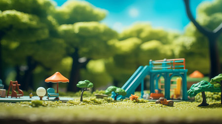 lincoln park, depicted in a whimsical studio ghibli-inspired style, sits atop a smooth rubber material, as if plucked from a fantastical world, with a tilt-shift photography effect adding a touch of realism, ambient occlusion enhancing depth, and a bright baby cyan background radiating a sense of serenity and wonder. ai generatedの素材