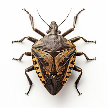 the 3d brown marmorated stink bug, a notorious invasive species, is showcased on a pristine white isolated background, highlighting its distinctive shield-shaped body and vibrant brown coloration, a common pest in gardens and agricultural fields, causing significant economic damage and ecological disruption. ai generatedの素材