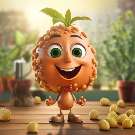 this cheerful chickpea cartoon character beams with a friendly smile and rosy cheeks, exuding warmth and approachability, perfect for health food branding, vegan recipes, and plant-based diet promotions, evoking feelings of wholesomeness and nutrition in a fun, playful way. ai generatedの素材