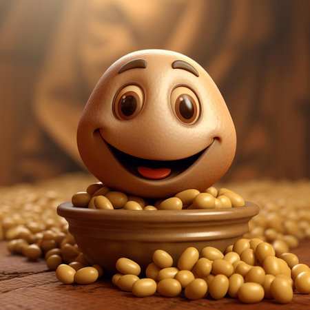 this cheerful soybean cartoon character beams with a friendly smile and rosy cheeks, surrounded by lush green fields, symbolizing the importance of sustainable agriculture and healthy eating, while also highlighting the nutritional benefits of soybeans as a rich source of protein and fiber. ai generatedの素材