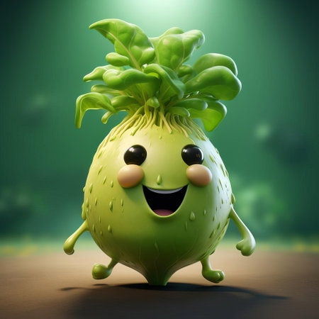 kohlrabi karl, the cheerful cartoon character, beams with a friendly smile and rosy cheeks, surrounded by lush green leaves, embodying the wholesome goodness of this nutritious cruciferous vegetable, perfect for healthy snacks and salads, adding a pop of color to any kitchen or garden scene. ai generatedの素材
