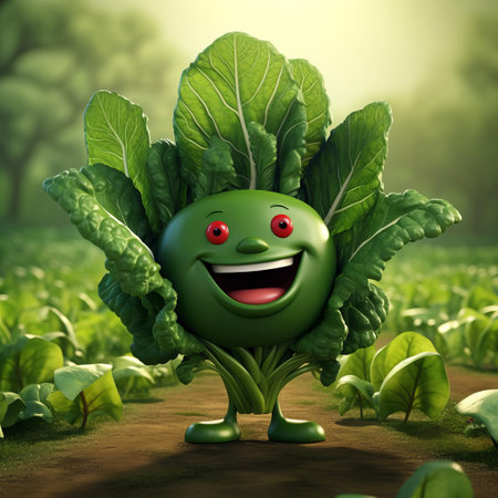 swiss chardie, the lovable cartoon character, beams with joy, flaunting a friendly smile and rosy cheeks, surrounded by lush green leaves, symbolizing healthy eating habits and nutritious vegetable options, perfect for kids' educational materials and cooking illustrations, highlighting the importance of leafy greens in a balanced diet. ai generatedの素材