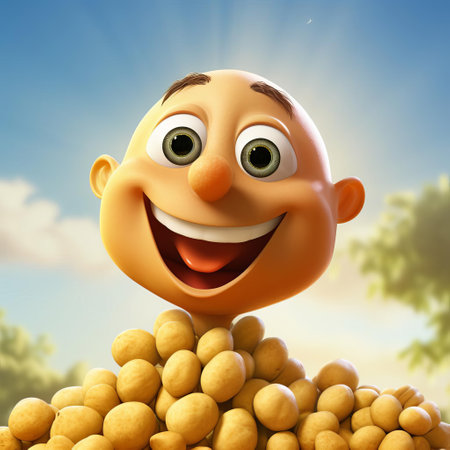 this cheerful chickpea cartoon character beams with a friendly smile and rosy cheeks, exuding warmth and approachability, perfect for healthy food branding, vegan recipes, and kid-friendly illustrations, evoking feelings of wholesomeness and nutrition in a playful, cartoonish style. ai generatedの素材