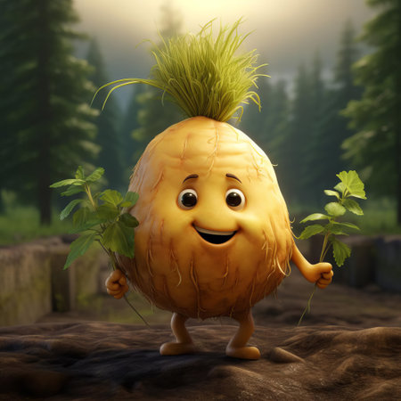 rutabaga ronnie, a lovable cartoon character, beams with a friendly smile and rosy cheeks, surrounded by lush green leaves and vines, evoking a sense of whimsy and playfulness, perfect for vegetable-themed illustrations, children's books, and educational materials about root vegetables and healthy eating. ai generatedの素材