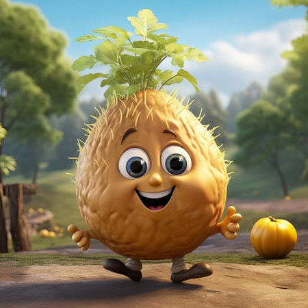 rutabaga ronnie, the lovable cartoon character, beams with a friendly smile and rosy cheeks, surrounded by lush green vegetables in a whimsical garden setting, evoking feelings of warmth and nostalgia, perfect for kids' storybooks, educational illustrations, and healthy eating campaigns. ai generatedの素材