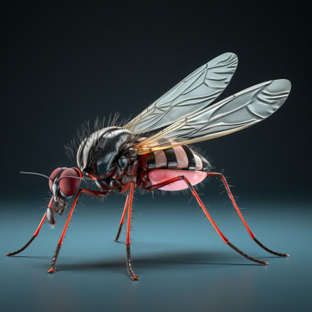 the fungus gnat, a tiny insect pest, is meticulously illustrated in 3d realism, showcasing its delicate wings and slender body, typically found in moist environments, near fungi or algae, and often mistaken for fruit flies, but distinct in its long antennae and dark coloration. ai generatedの素材