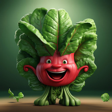swiss chard, a vibrant leafy green vegetable, is personified as a cheerful cartoon character, boasting a warm and inviting friendly smile and rosy cheeks, evoking feelings of wholesomeness and approachability, perfect for illustrations in cookbooks, healthy eating guides, and children's educational materials about nutrition and gardening. ai generatedの素材