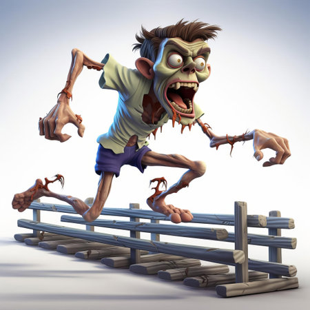 a zombie, depicted in a colorful 3d render cartoon style, is shown in a full-body pose, sprinting over hurdles with an eerie intensity, set against a clean white background, perfect for horror and sports-themed designs, illustrations, and digital art projects. ai generatedの素材