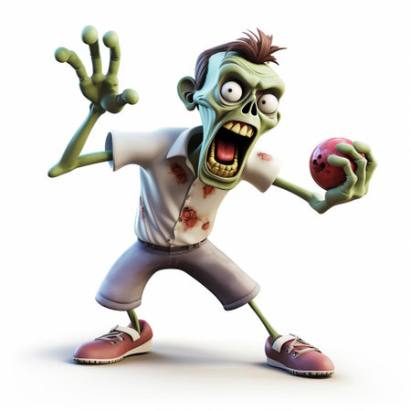 a zombie, depicted in a colorful 3d render cartoon style, is shown in a full-body pose, enthusiastically engaged in a game of bowling against a clean white background, adding a humorous twist to the undead creature's typical gruesome nature. ai generatedの素材