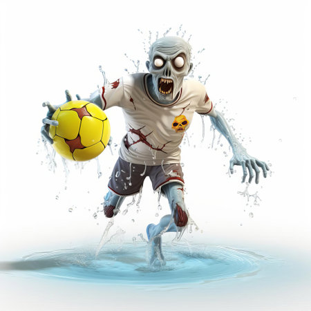a zombie, depicted in a colorful 3d render cartoon style, is shown in a full-body pose, engaged in an unexpected activity - playing water polo, adding a humorous twist to the undead creature's persona, set against a clean white background, perfect for horror-comedy themed designs. ai generatedの素材