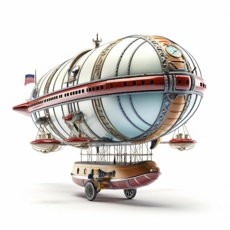 the dirigible, a vintage-inspired toy airship, floats serenely on a pristine white isolated background, evoking a sense of nostalgia and wonder, perfect for enthusiasts of retro aviation, steampunk, and antique aircraft models, or as a unique element in graphic design and digital art projects. ai generatedの素材