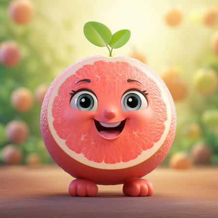 this cheerful grapefruit cartoon character beams with a friendly smile and rosy cheeks, exuding warmth and approachability, perfect for illustrations, designs, and branding related to healthy eating, fruit lovers, and citrus enthusiasts, evoking feelings of joy and freshness in the world of food and nutrition. ai generatedの素材