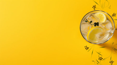 the gin and tonic's mesmerizing surface pattern takes center stage in this top view shot, set against a vibrant yellow background, providing ample empty copy space for creative text or design elements, perfect for cocktail enthusiasts, mixologists, and advertising campaigns. ai generatedの素材