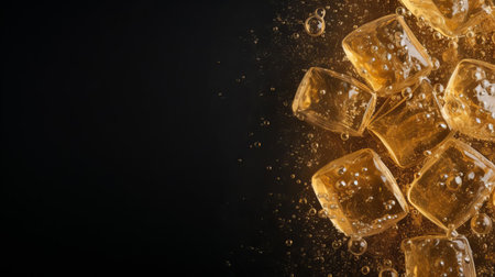 the ginger ale surface showcases a mesmerizing pattern in a top view perspective, set against a sleek black background, providing ample empty copy space for creative text or design elements, perfect for advertising, packaging, or editorial use in the beverage and food industry. ai generatedの素材