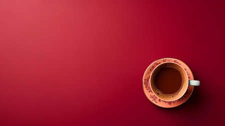 the chai tea's surface showcases a mesmerizing pattern in a top view, set against a vibrant fuchsia background, providing ample empty copy space for creative text or design elements, perfect for advertisements, blog posts, or social media content highlighting exotic beverages, spicy flavors, or cozy winter moments. ai generatedの素材