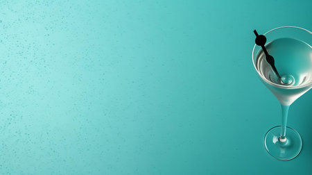 the martini's elegant surface showcases a stunning pattern in a top view, set against a vibrant turquoise background, providing ample empty copy space for creative text or design elements, perfect for cocktail recipes, party invitations, or bar promotions. ai generatedの素材