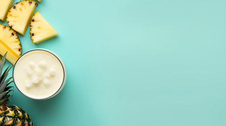 the pina colada's creamy surface features a mesmerizing pattern, showcased in a stunning top view against a vibrant turquoise background, providing ample empty copy space for text or design elements, perfect for tropical-themed advertisements, summer promotions, or refreshing beverage marketing campaigns. ai generatedの素材