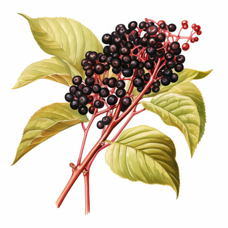 elderberry, a medicinal fruit rich in antioxidants and vitamins, is beautifully illustrated on a white isolated background, showcasing its vibrant purple color and delicate details, perfect for health and wellness designs, natural remedy graphics, and botanical art projects. ai generatedの素材