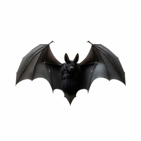 the bat, a nocturnal mammal, is showcased in a stunning minimalist portrait, captured in a full-body pose against a pristine white isolated background, highlighting its intricate wing details and unique facial features, perfect for nature and wildlife enthusiasts. ai generatedの素材