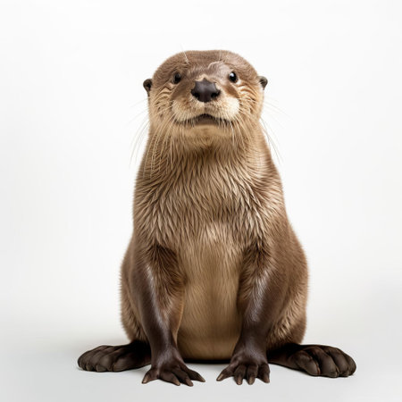 the otter, embodying minimalist charm, poses in a full-body stance against a pristine white isolated background, showcasing its sleek fur and agile physique, perfect for wildlife enthusiasts and photographers seeking simplicity and elegance in their animal portraits. ai generatedの素材