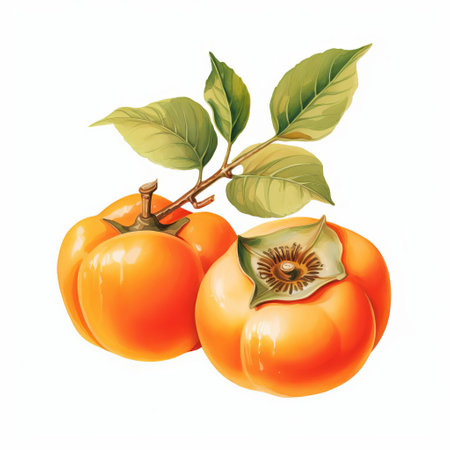 persimmon, a vibrant orange fruit, is beautifully illustrated on a white isolated background, showcasing its intricate texture and juicy pulp, perfect for healthy eating and cooking recipes, adding a pop of color to your autumn and winter seasonal designs. ai generatedの素材