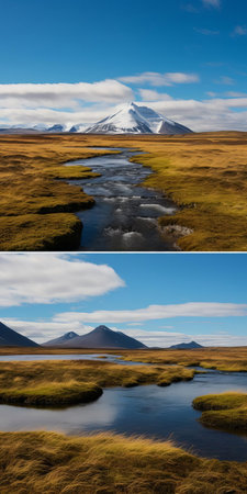the wetland in iceland, surrounded by majestic snowy hills and mountains, is captured in a serene landscape photograph, reminiscent of the grandeur of gothic architecture, with a touch of the grand budapest hotel-esque elegance, and a hint of gingham prints, showcasing the beauty of nature in a minimalist and symmetrical arrangement. ai generatedの素材
