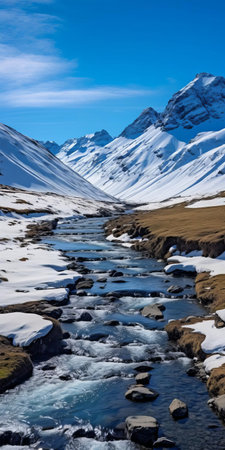 the serene hjorundfjord river in iceland winds its way through the majestic landscape, reminiscent of a snowy mountain painting, as the grandeur of kangchenjunga's ridge rises in the distance, captured with the tamron 28-300mm lens, evoking a sense of gothic elegance and symmetrical beauty. ai generatedの素材