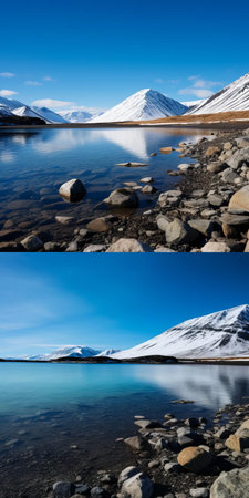 the icelandic beach stands serene, evoking a sense of vid holidays, as the majestic rakaposhi mountain range looms in the distance, reminiscent of the grandeur of gothic horror, captured through the lens of a tamron 28-200mm f/2.8-5.6 di iii rxd, with a minimalist typography aesthetic, echoing old photographs and bill murray-esque whimsy, set against the symmetrical arrangement of the snowy tirich mir range. ai generatedの素材