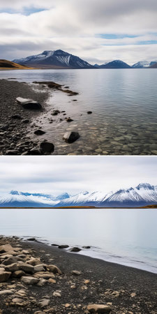 the icelandic beach, surrounded by majestic snowy ranges like tirich mir, is captured in a serene photograph, reminiscent of old photographs with a touch of gothic horror grandeur, shot with a tamron 28-200mm f/2.8-5.6 di iii rxd lens, evoking a sense of vid holidays and minimalist typography, with a symmetrical arrangement that echoes the scenic beauty of the trollfjord road. ai generatedの素材
