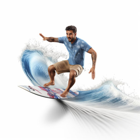 martinez, a 3d animated character, rides the waves in style, surfing on a vibrant blue board isolated on a crisp white background, perfect for summer-themed designs, digital art, and sports-inspired visuals, evoking feelings of freedom and adventure. ai generatedの素材