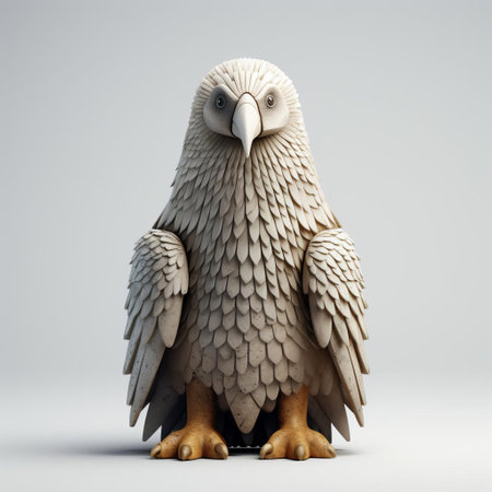 this majestic eagle figurine, reminiscent of evgeni gordiets' and clemens ascher's inventive character designs, stands proudly on a white isolated background, showcasing its intricately detailed, spiky mounds and concrete texture, evoking the whimsical style of didier lourenco, in a stunning full-body close-up shot. ai generatedの素材