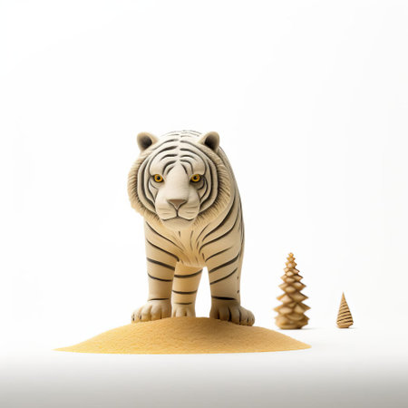 this majestic tiger figurine, reminiscent of evgeni gordiets' and clemens ascher's inventive character designs, stands proudly on a white isolated background, showcasing its intricately detailed, spiky mounds-inspired concrete body, capturing the essence of didier lourenco's unique style in a stunning full-body close-up shot. ai generatedの素材