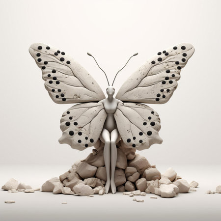 this intricately designed butterfly figurine, reminiscent of evgeni gordiets' and clemens ascher's inventive character designs, features spiky mounds and concrete textures, showcasing a unique blend of artistic styles, captured in a stunning close-up shot on a crisp white isolated background, highlighting its full body details. ai generatedの素材