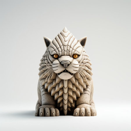 this majestic tiger figurine, reminiscent of evgeni gordiets' and clemens ascher's inventive character designs, stands proudly on a spiky mound, showcasing its concrete, textured features in a stunning close-up shot against a crisp white isolated background, capturing its full body in remarkable detail. ai generatedの素材