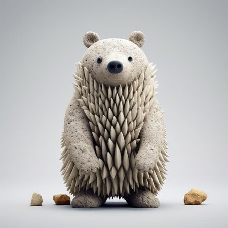 the bear figurine, reminiscent of evgeni gordiets' and clemens ascher's inventive character designs, stands proudly on a white isolated background, showcasing its unique concrete features, adorned with spiky mounds, in a stunning full-body close-up, highlighting the intricate details of this imaginative art piece. ai generatedの素材