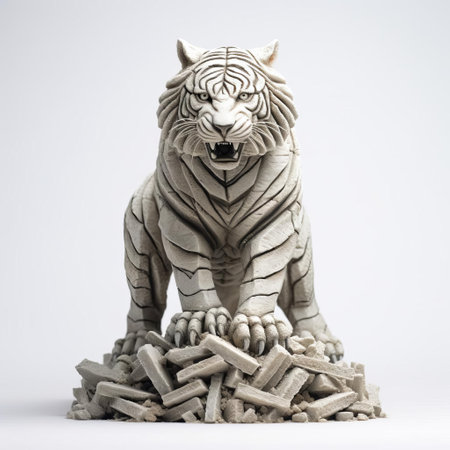 this majestic tiger figurine, reminiscent of evgeni gordiets' and clemens ascher's inventive character designs, stands proudly on a white isolated background, showcasing its intricately detailed spiky mounds and concrete texture, evoking the whimsical style of didier lourenco, in a stunning full-body close-up shot. ai generatedの素材