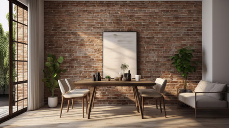 this modern dining nook and living area boasts a stunning brick wall background, perfect for a cozy gathering spot, featuring a sleek and contemporary design that exudes warmth and sophistication, ideal for homeowners seeking a stylish open-plan living space with industrial chic flair. ai generatedの素材