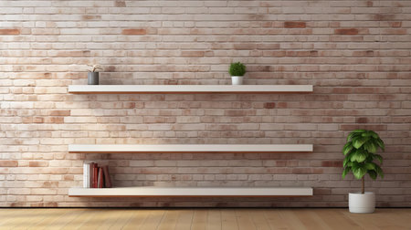 this modern living area features a sleek empty shelf against a rustic brick wall background, perfect for showcasing decorative pieces or adding a touch of industrial chic to any home decor, ideal for minimalist interior design and scandinavian-inspired living spaces. ai generatedの素材