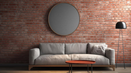 living room features a modern empty mirror hung elegantly on a rustic brick wall background, surrounded by a sleek and minimalist interior design, perfect for a cozy and contemporary home decor, ideal for relaxation and self-reflection. ai generatedの素材