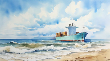 cargo ship majestically sails into the distance, enclosed and serene, set against a breathtaking morning backdrop of a tranquil beach, vast ocean, and a dramatic turquoise sky, masterfully captured in a stunning watercolor painting that exudes a sense of calm and serenity. ai generatedの素材