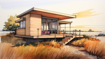 tiny home, nestled in harmony with nature, showcases a stunning example of organic architecture, blending seamlessly into the serene landscape, featuring a small door and a breathtaking sunset, perfect for those seeking a tranquil and sustainable luxury living experience in a miniature abode. ai generatedの素材