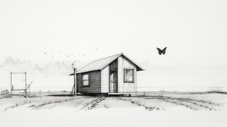 this luxury tiny home sketch showcases a charming shingle architecture design, complete with a small butterfly perched on the roof, surrounded by lush greenery, and accompanied by a quaint shed, perfect for a serene and eco-friendly living experience in a compact, modern tiny house. ai generatedの素材