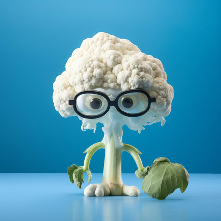 this whimsical cauliflower, donning oversized glasses and sporting enormous eyes, sits against a vibrant blue backdrop, evoking a sense of playful surrealism and quirky humor, perfect for foodies and art lovers alike who appreciate creative vegetable photography and still life art. ai generatedの素材