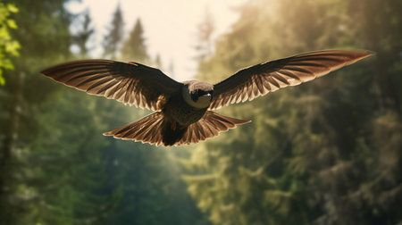 the chimney swift, a migratory bird species, is captured in mid-air, flying at an incredible high speed amidst the lush green forest, showcasing its remarkable agility and swift flight capabilities, highlighting the beauty of wildlife photography in stunning 8k resolution. ai generatedの素材