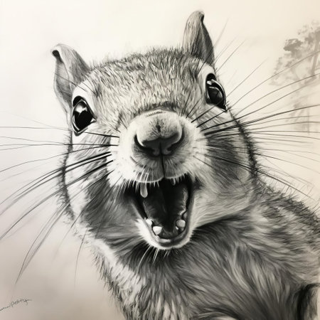 this charming squirrel portrait, rendered in expressive charcoal strokes, captures the joyful essence of the bushy-tailed creature, its bright eyes shining with delight, surrounded by subtle textures and delicate shading, evoking a sense of whimsy and playfulness in this quick outline sketch. ai generatedの素材