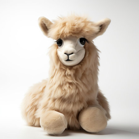 this adorable plush llama stuffed animal is showcased in a stunning close-up photograph, set against a crisp white background to highlight its intricate details, soft texture, and endearing facial expression, evoking feelings of warmth and playfulness, perfect for capturing the hearts of toy collectors and animal lovers alike. ai generatedの素材